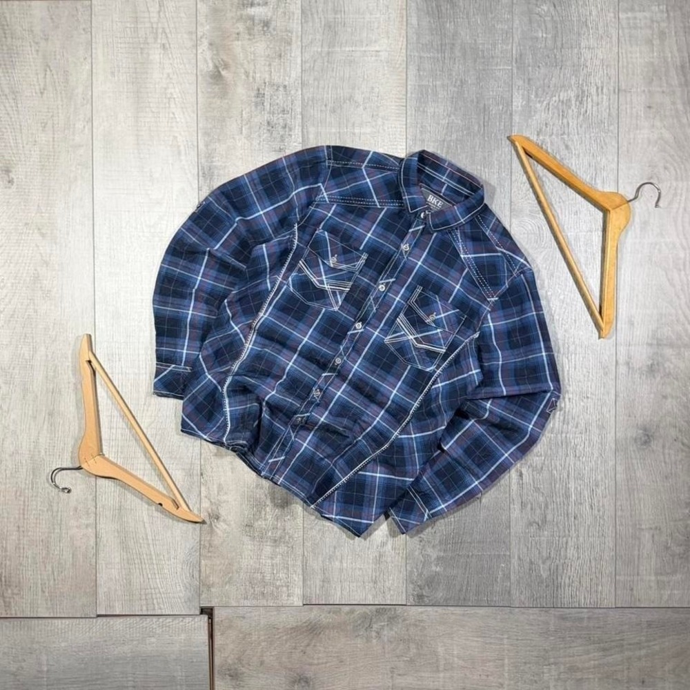 Vintage 2000s plaid button up Y2K blue western style shirt
